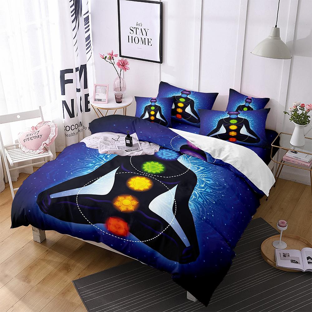 Yoga Duvet Cover King Queen Chakra Meditation Bedding Set Blue Mandala Boho Hippie Style With Chakra Art microfiberQuilt Cover