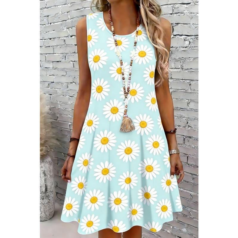 Nuevos Vestidos de Verano para Mujer Sin Mangas Vestidos de Rodilla Cuello Redondo Vestidos Casuales para Vacaciones en la Playa Vestidos de Mujer con Estampado Floral