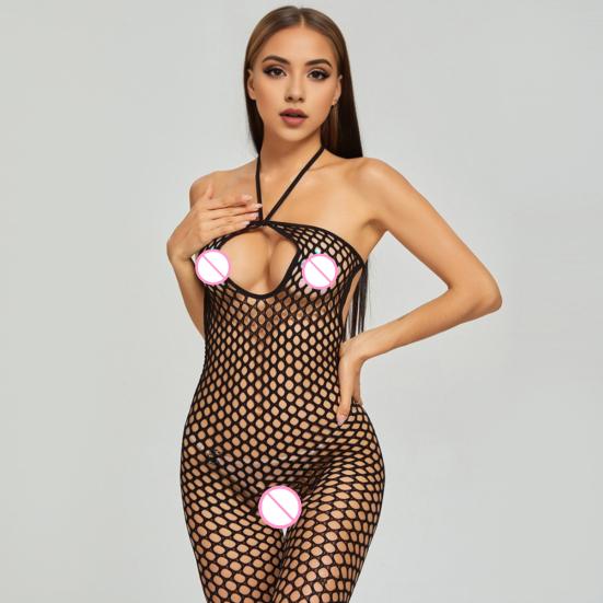 Women Jumpsuit Halter Neck Hollow Out Fishnet Backless Sleeveless Slim Fit Nightwear Open Crotch See-through Seductive Bodysuit for Bedroom Honeymoon