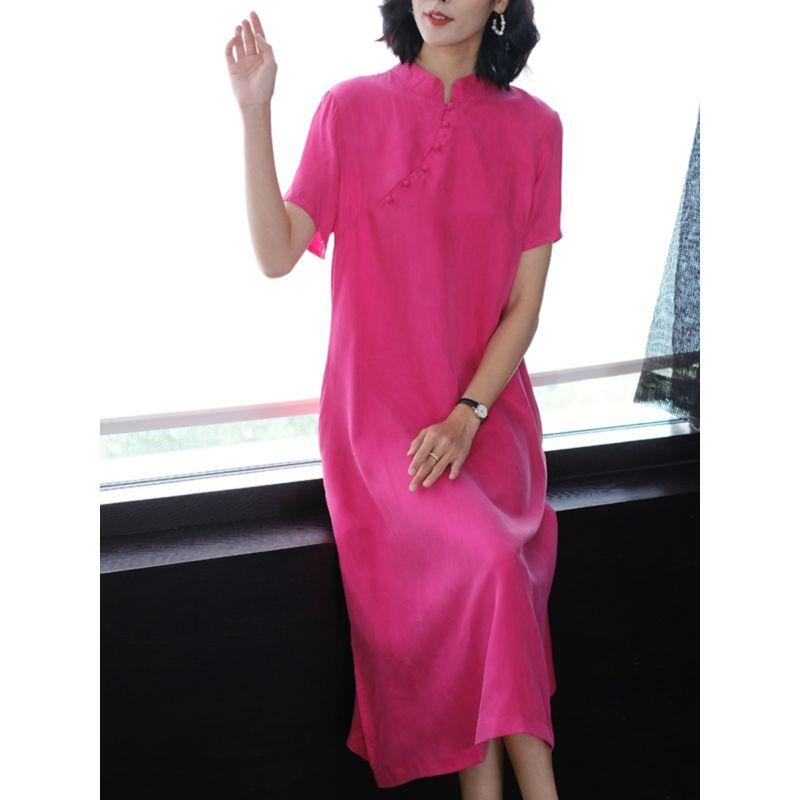 

Платье из шелка купраммония тяжелого веса 2025 Новое Классный Темперамент Большого размера Скрывающее живот Шелковое ципао Улучшенное платье Китайский стиль Black M