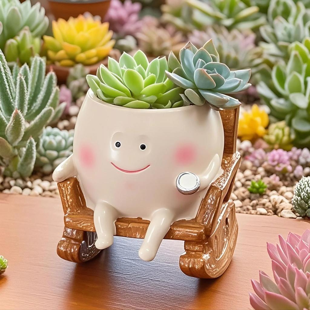 1PC Cute Ceramic Succulent Pot – Smiling Rocking Chair Style Mini Planter for Home Garden Decor