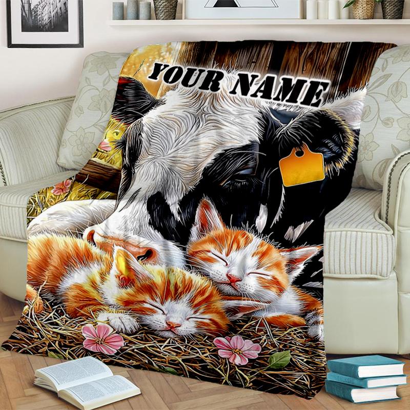 1PC Custom Name Cow Kittens Pasture Flannel Blanket Versatile,all-season Throw Suitable for the Living Room,bedroom,camping,travel,and Gift