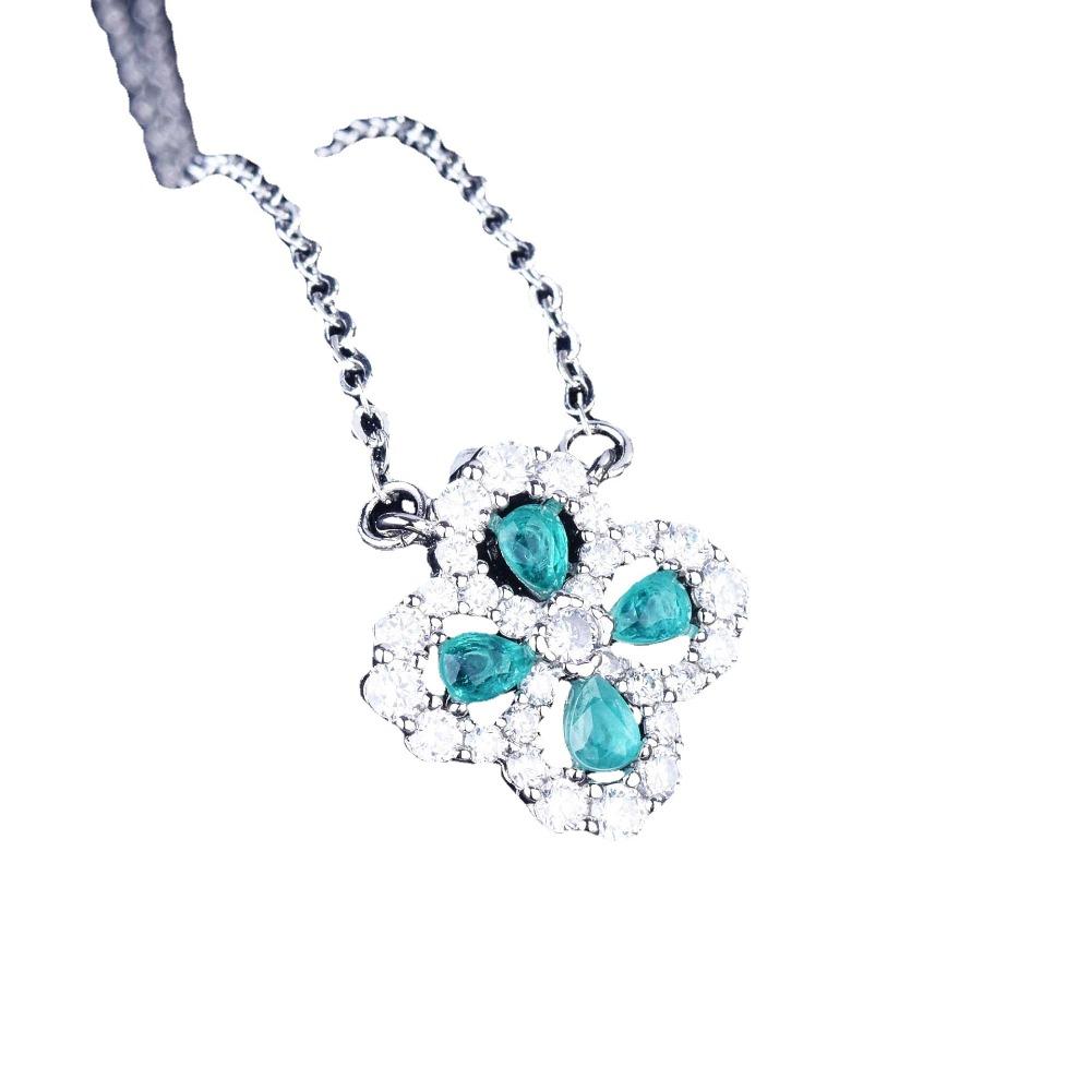 Paraiba Color Gemstone Pendant Necklace Micro Paved Diamond Teardrop Clover Flower Necklace for Women