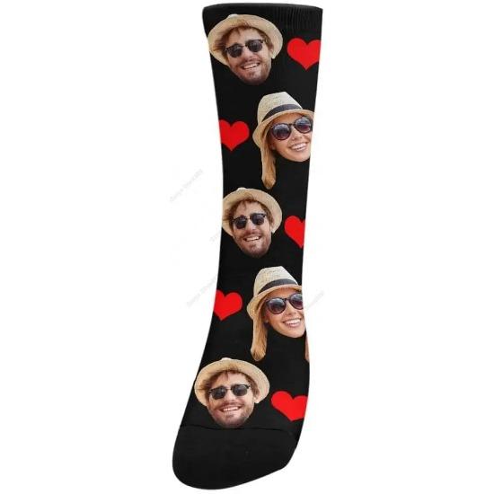 Șosete personalizate Po Couple Girlfriend Face Șosete echipaj Inimă de dragoste cu 2 fețe pentru bărbați femei mărime unică