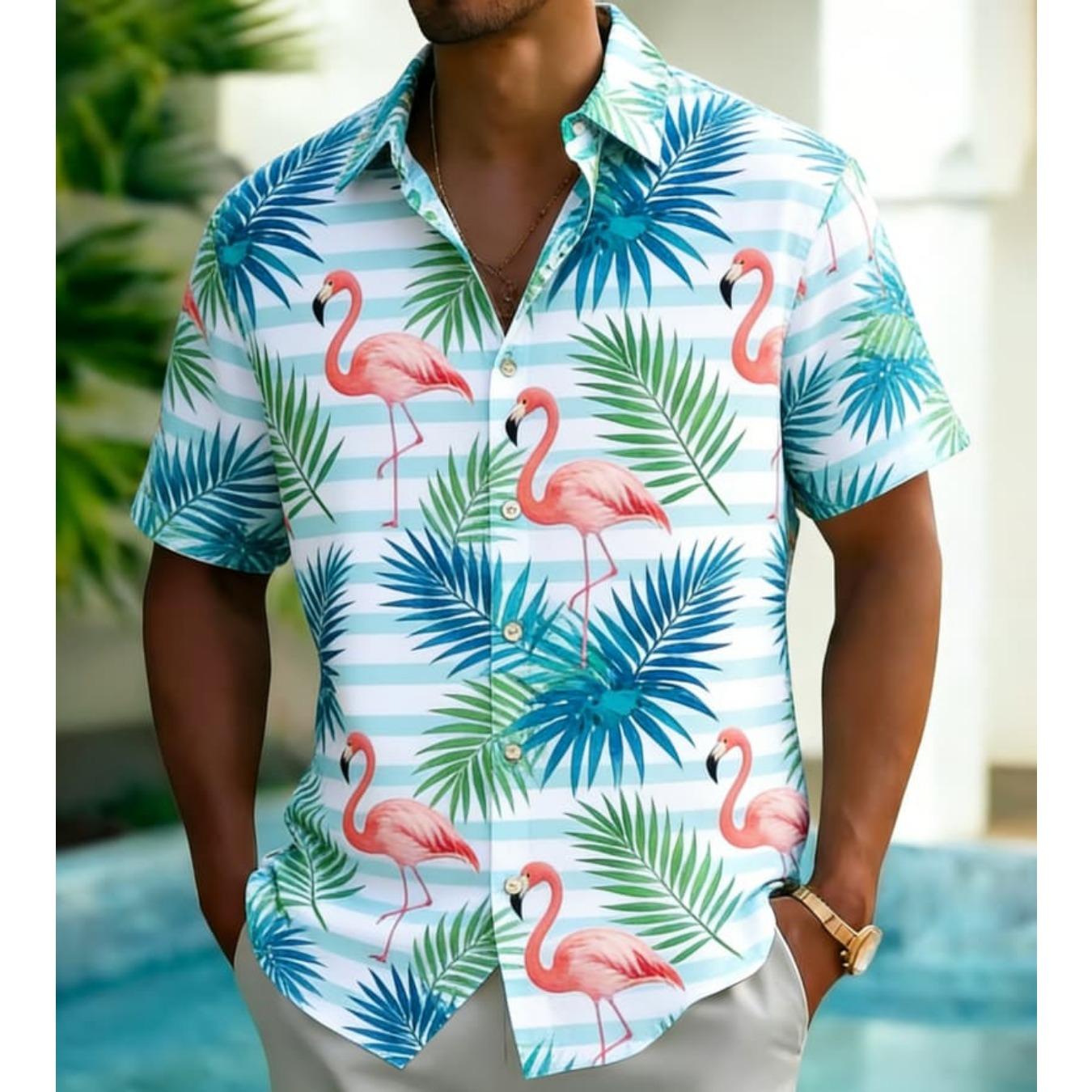 Men s Striped Tropical Element Print Shirt, Exotic Hawaiian Casual Design for Summer Vacation, Daily Wear & Street Style XS