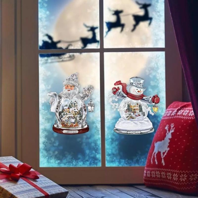 Snowman Santa Claus Wall Clings Stickers Music Box Christmas Stickers Window Glass Decor Waterproof Decals