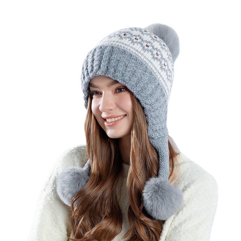 Women'S Knit Beanie With Pom Pom Oversized Winter Hats Slimming Face Fleece Lined Ear Flap Slouchy Cap For Women X097