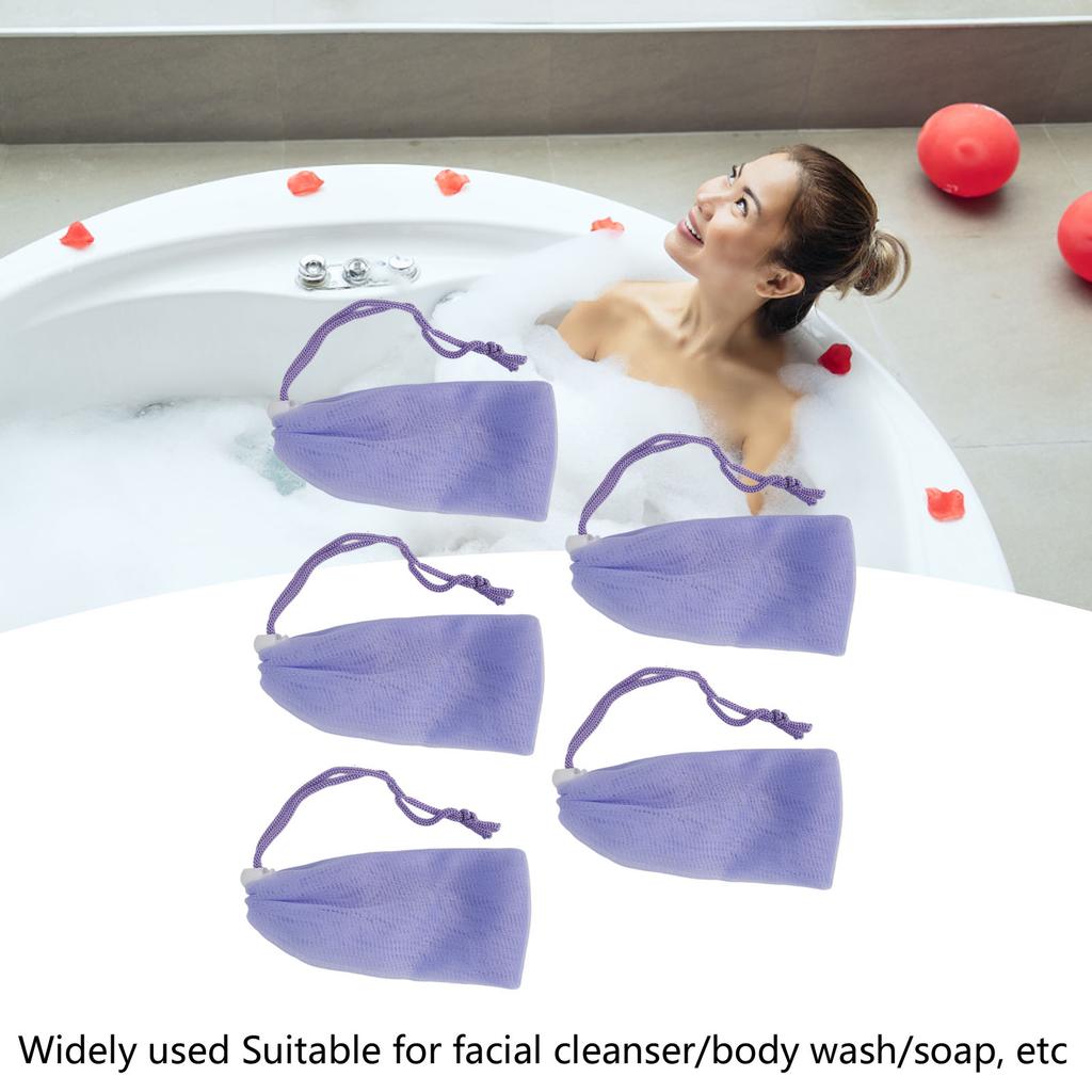 5 Stück Netz Seifensäckchen Sparbeutel Lila Schaumnetz mit Kordelzug Körper Gesichtsreinigungs-Werkzeug
