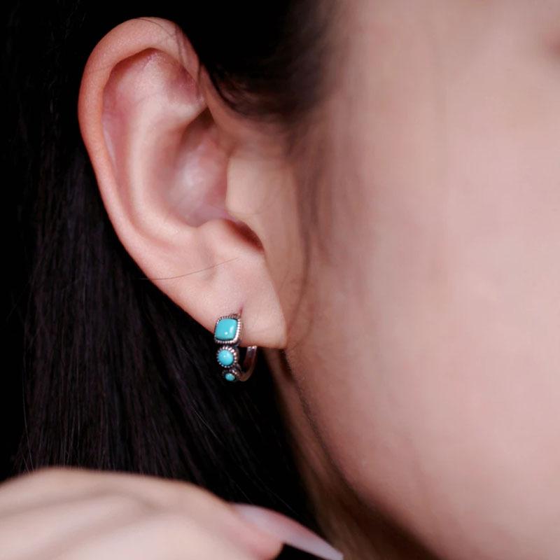 Imitation Natural Turquoise Square Ear Buckles, Retro Imitation Silver Original Design Couple Ear Jewelry