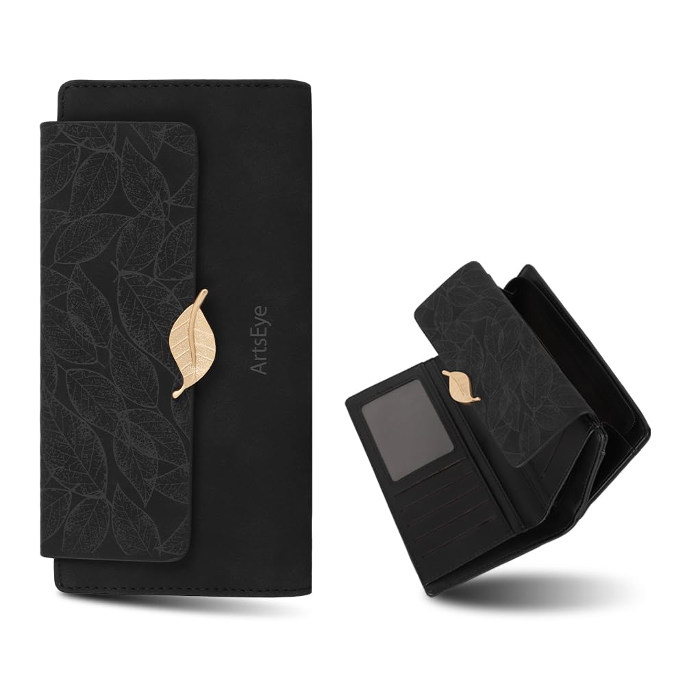 Женский длинный кошелек ArtsEye, большая вместимость, тонкий, с кнопкой-клапаном, отделением для монет, кардхолдером и RFID-защитой (1599-черный)