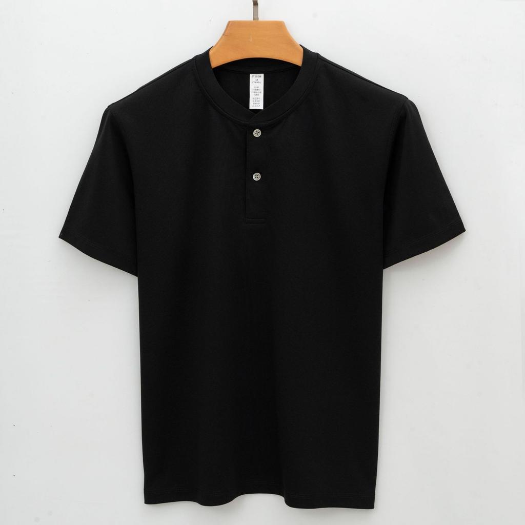 Youth Double-sided Lyocell Mercerized Cotton T-shirt Stand-collar Black Premium Short-sleeve Minimalist Lightweight Breathable Business T-shirt