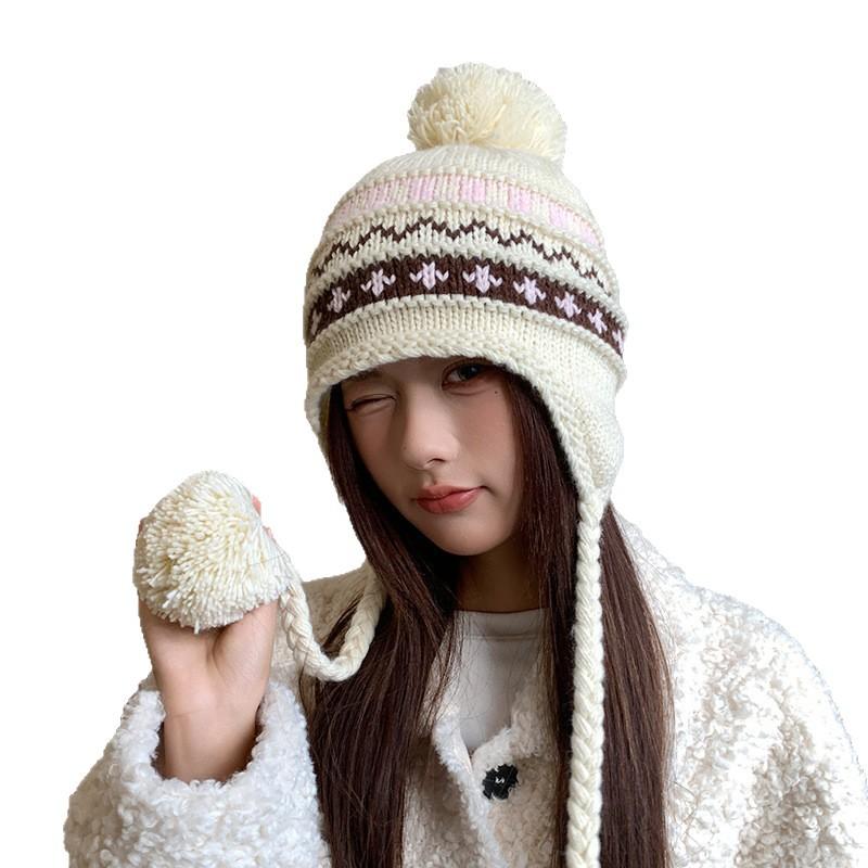 Knitted Hat for Women Outdoor Thickened Warm Protective Fur Ball Ear Thunder Hat Autumn and Winter Face Showing Small Cold Proof Pullover Woolen Hat