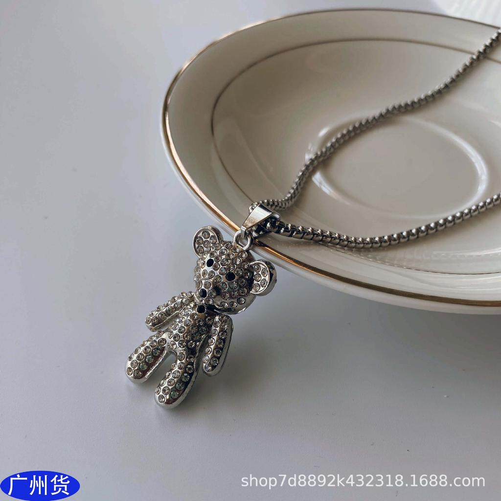 Titanium Steel Diamond-Encrusted Bear Necklace Hip-Hop Couple Alloy Pendant Pendant Personalized Men'S And Women'S Sweater Chain