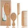 Bamboo Hair Brush and Comb Set - Eco-Friendly Anti-Static Detangling Brush and Combs for Women and Men, Massage Wooden Brushes for Thick, Thin,