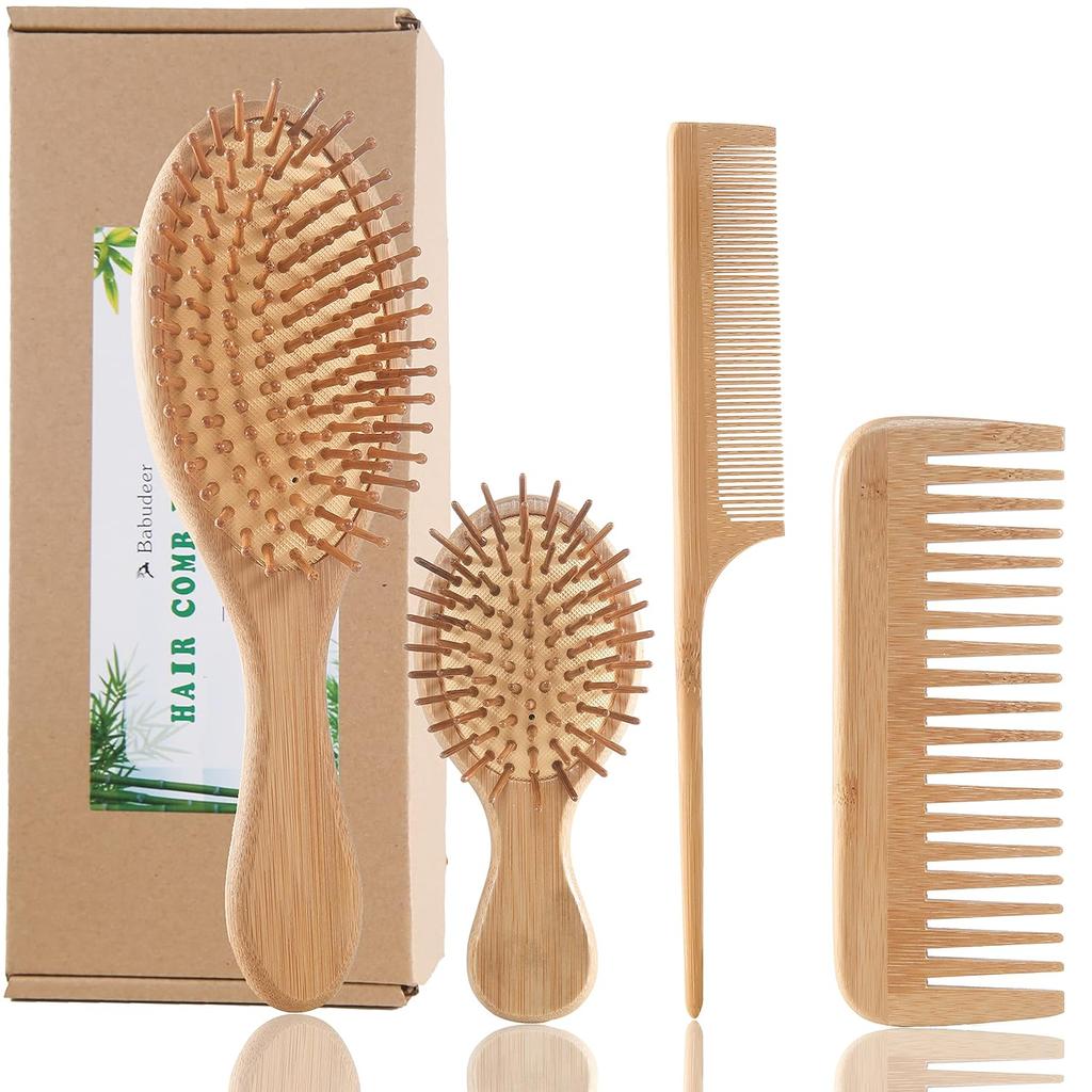 Bamboo Hair Brush and Comb Set - Eco-Friendly Anti-Static Detangling Brush and Combs for Women and Men, Massage Wooden Brushes for Thick, Thin,