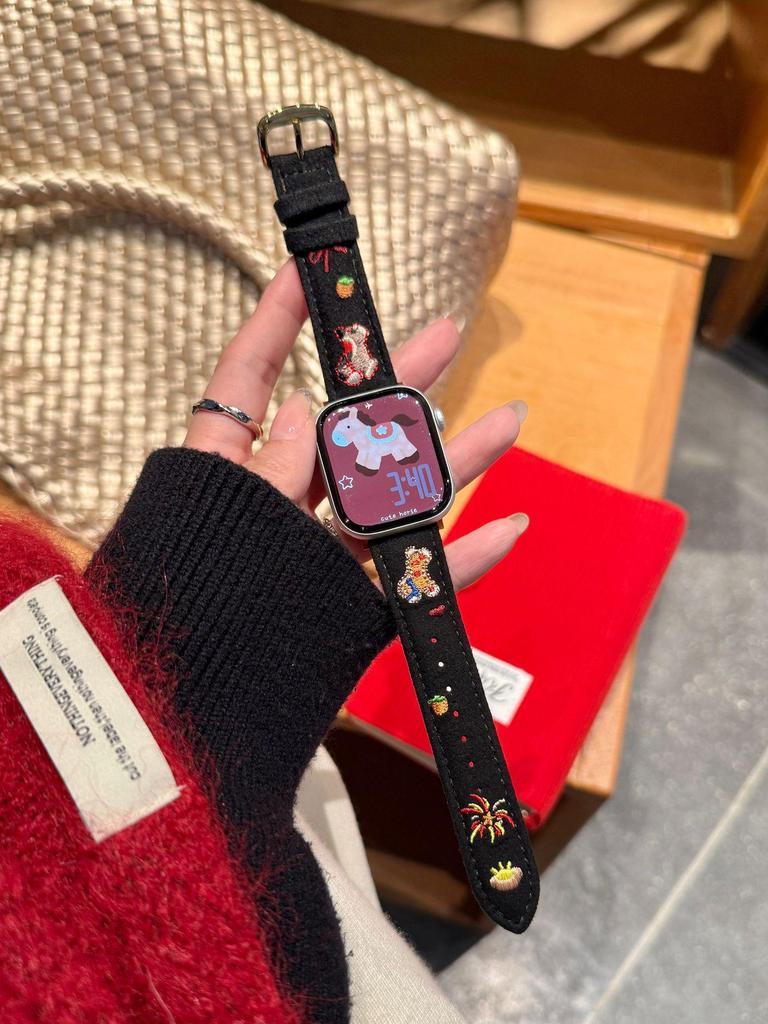 New Year Small Horse Embroidery Velvet Leather Strap for Apple Watch Series 11 10/9/8 Ultra SE