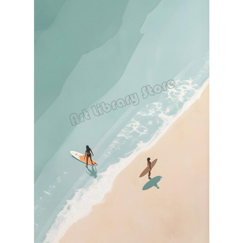 Retro Minimalist Beach Figure Swimming Surfing Poster Canvas Painting Wall Art Pictures Home Beach House Bathroom Decor