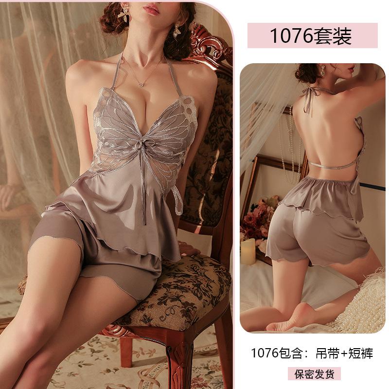 Sexy Satin Pajamas, Butterfly Halter Tops with Chest Pads, Large-sized Erotic Underwear, Pure Desire Uniform Set for Women 1076