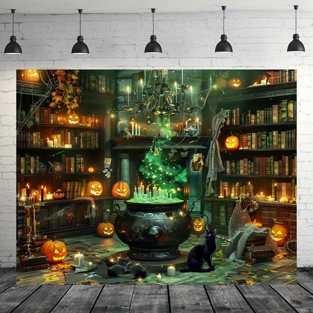 2D Flat Banner 1PC Halloween At the Magic Library Scenes of the Witch's Big Pot Pumpkin Lanterns and Spell Books