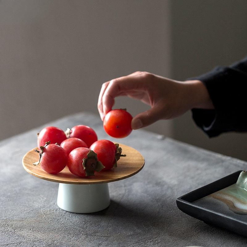 Obstschale aus Bambusholz, Holzgeschirr, Dessert-Snack-Geschirr, Keramikteller, hochwertige Serviertabletts, Couchtisch, Tee-Untertasse, Tortenständer