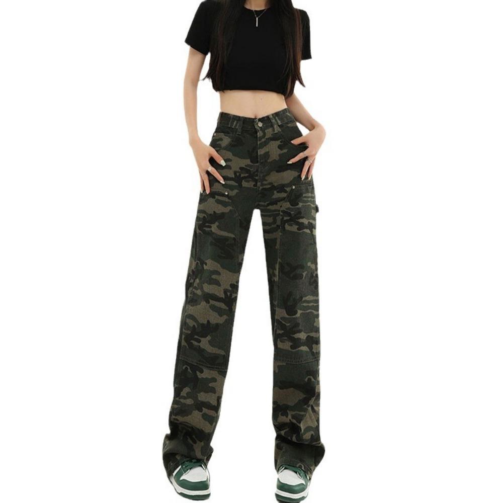 American high street camouflage wide-leg jeans women's ins trendy versatile babes high-waisted slim straight floor pants