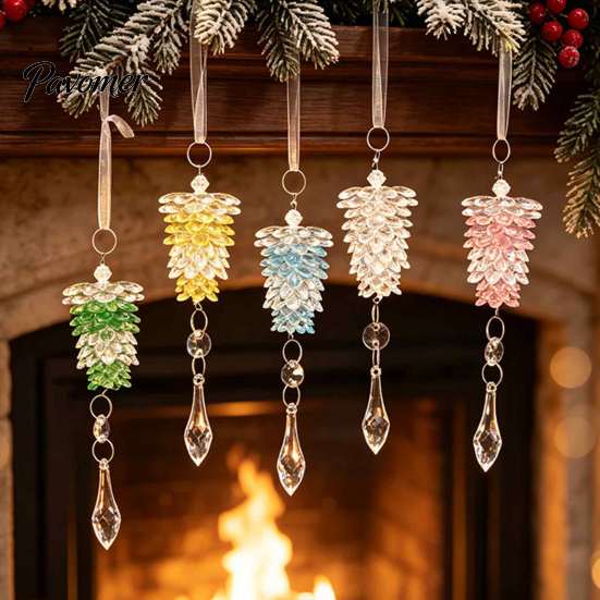 Reusable Holiday Home Decor Acrylic Pine Cone Pendant with Faux Crystal Drop, Christmas Tree Gradient Color Decorative Pendants Hanging Ornaments,