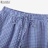 ZANZEA Women Summer Elastic Waist Summer Plaid Print Short Pants