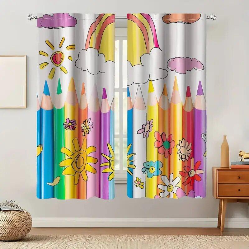 Colorful Pencils Sunflowers Pole Bag Curtains Bedroom Kitchen Decoration Home Living Room Curtain For Made Of Polyester