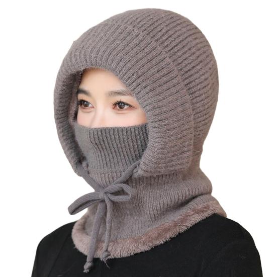 Gestrickte Wollmütze mit Schnürung zur Anpassung, Samtfutter, Gesichts- und Nackenschutz, Reitkopfbedeckung, Winterwärmemütze