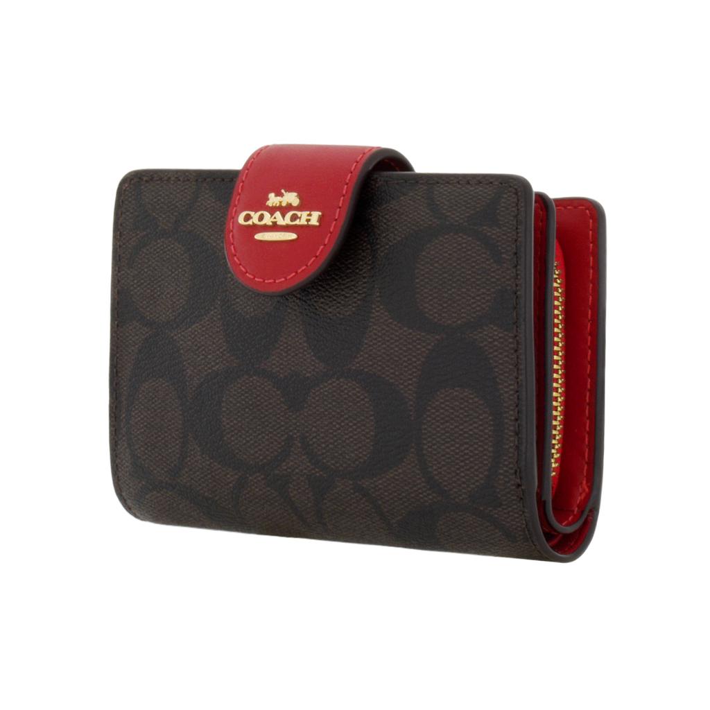 Coach Corner Zip Classic Monogram Coated Canvas And Leather Wristlet Clutch Women Clutch Red Dark-Brown C0082-IMRVQ