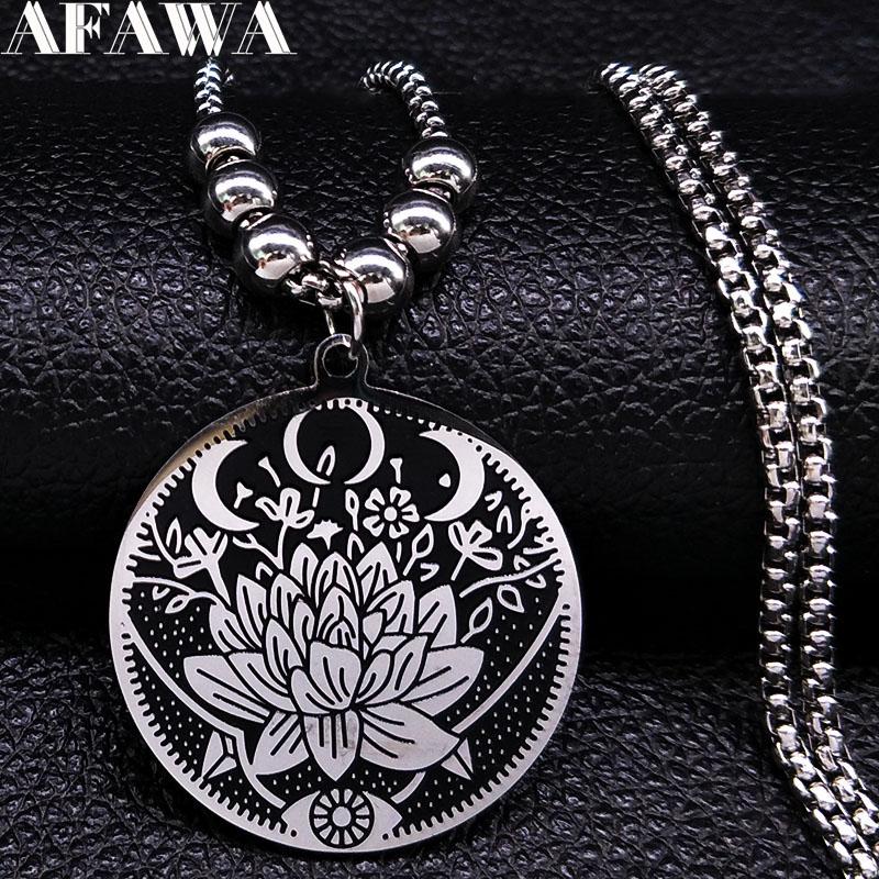 Wicca Lotus Stainless Steel Necklaces Pendants for Men Black Silver Color Moon Eye Long Chain Necklace Jewelry Colgante Hombre