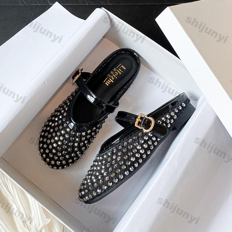 Fashion Women's Shoes 2025 Summer Size 43 Rhinestone Sandals Comfortable Buckle Strap Flats Lightweight Hollow Breathable Slippers