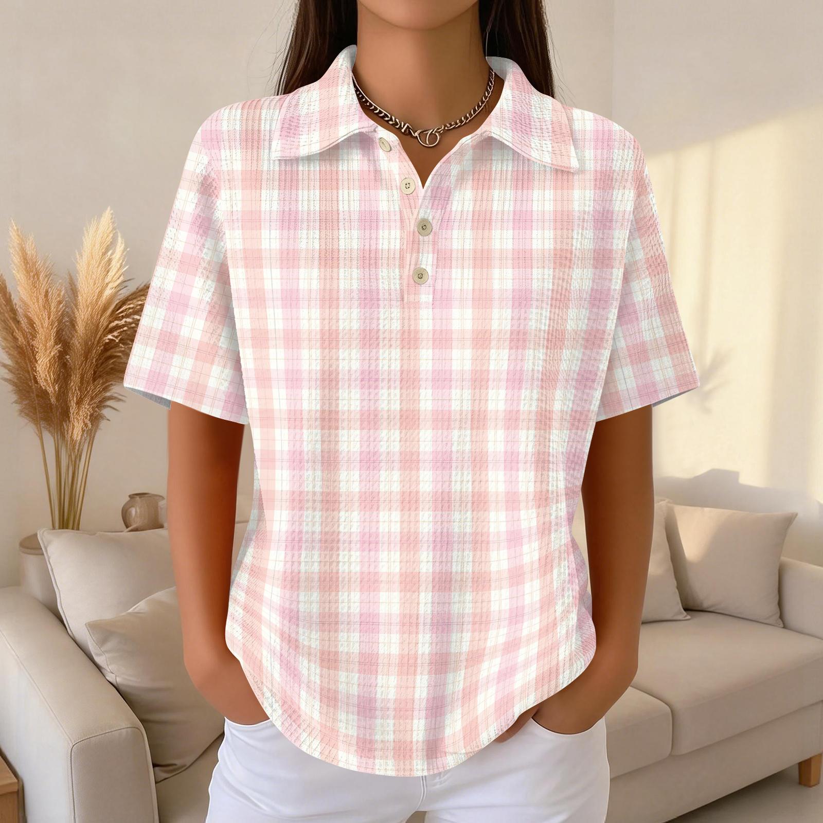 

Women’s Casual Short Sleeve Plaid Print Waffle Polo Shirt with Turn Down Collar and Button Front for Daily Wear M рожевий