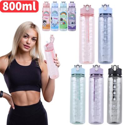 800ML Sports Water Bottle Leak Proof Portable Drinking Cup Large Capacity with Time-Tracking Straw for Outdoor Gym Bottles