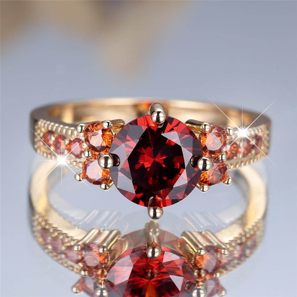 Crystal Female Red Zircon Round Stone Engagement Ring Vintage Gold Color Wedding Bands Jewelry For Women Men