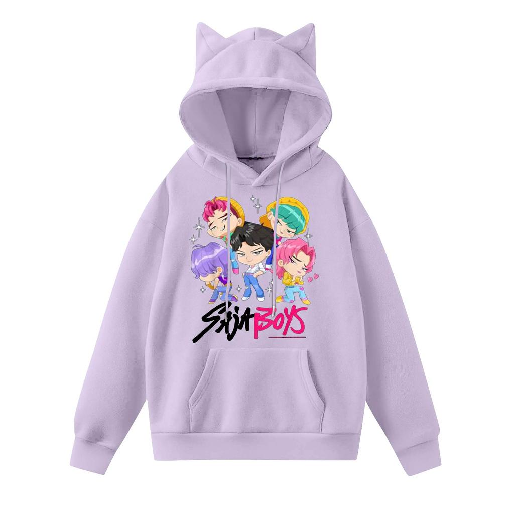 Damemote Casual Langermet trykt Rundhals hettegenser Pullover Topp med lommer