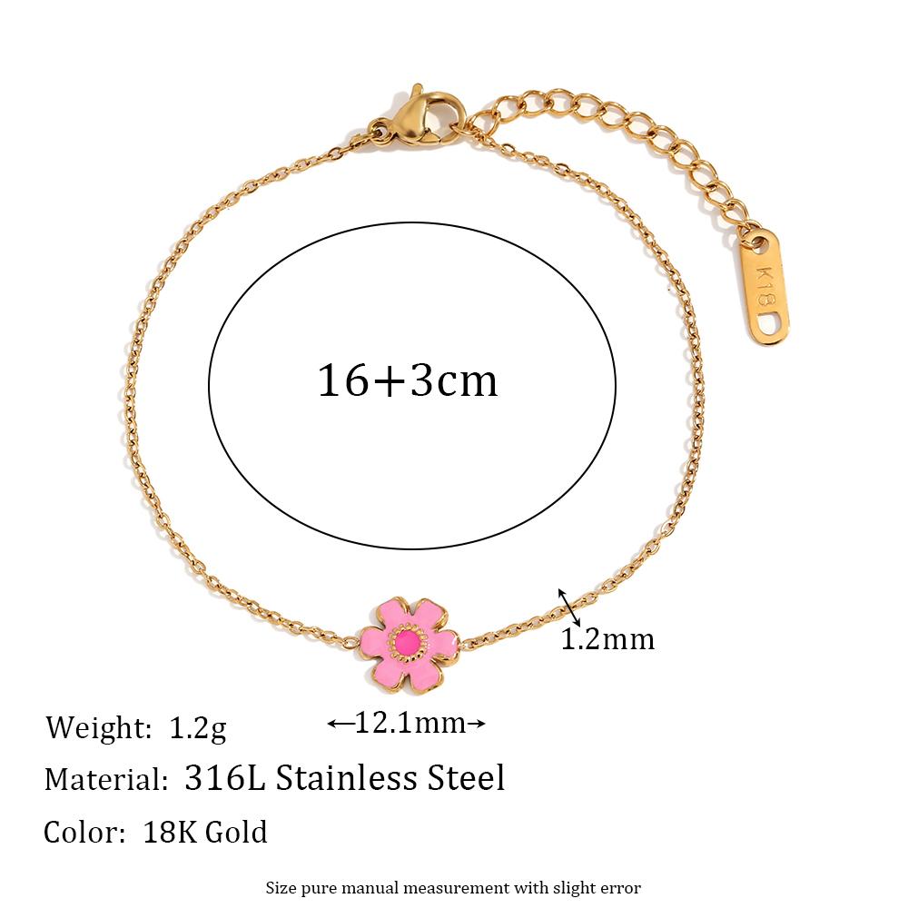 

MamacitaSlay Sweet Pink Enamel Flower Gear Shape Petals Thin O-Chain stainless steel bracelet women gold plated jewelry Gifts 17cm золотий