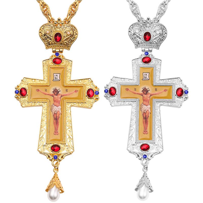 Tuiying003 Men's Necklace Christian Orthodox Crucifix Jesus Russian Cross Prayer Big Pendant Necklace Russia Jewelry Pastor Collar