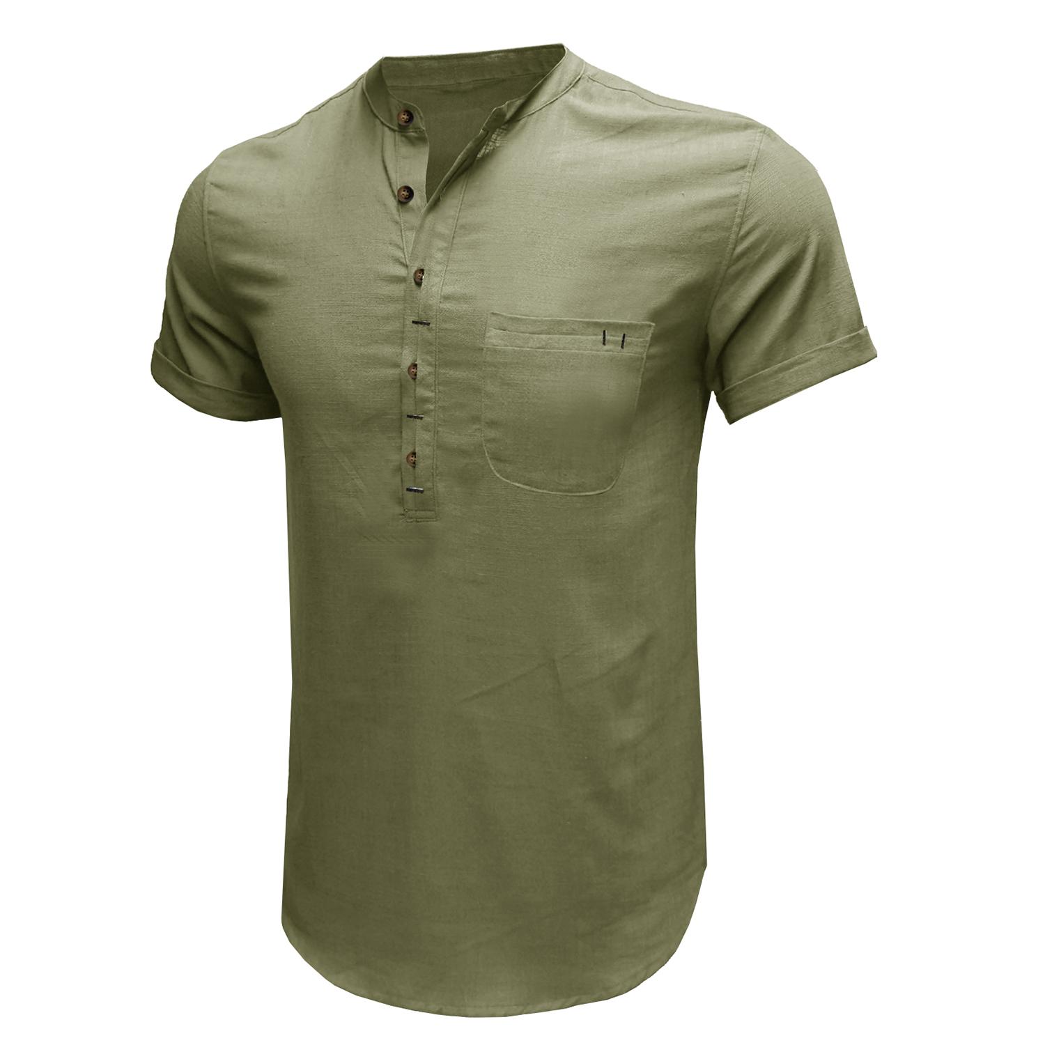 

Men’s Henley Shirts Cotton Linen Short Sleeves Solid Color Tops with Pocket Lightweight Casual Holiday Daily Wear Summer Beach T Shirts S оливковый