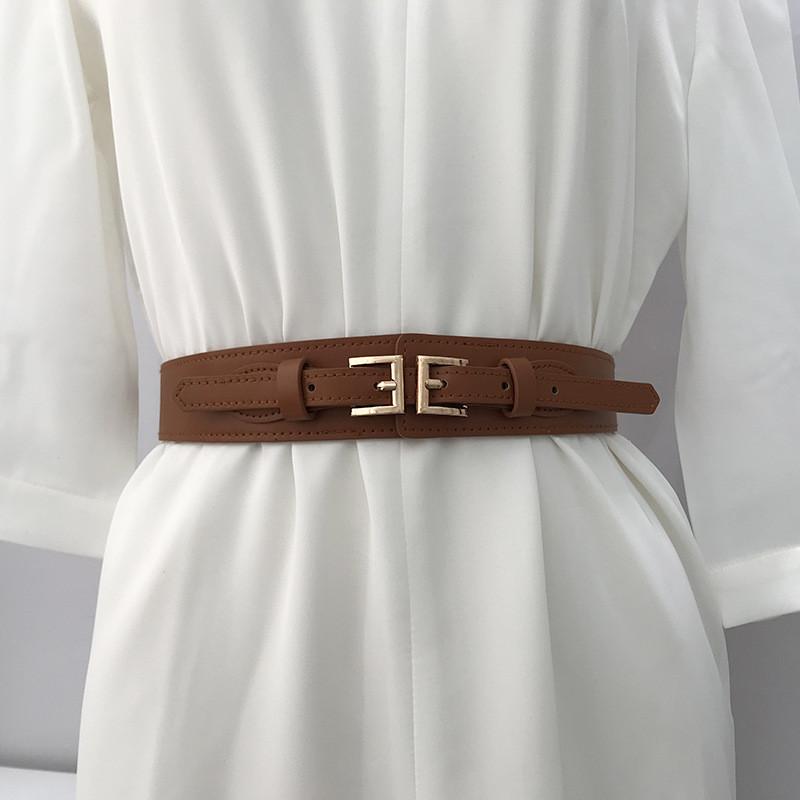 Stylish Women's Elastic Waist Belt With Double Buckles For Dresses And Coats In Black And Camel