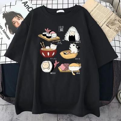 Nourriture Chat Mignon Sushi Style Dessin Animé Homme Coton Manches Courtes Harajuku Décontracté T-Shirts Tout-match Surdimensionné Mode Homme T-shirt Vêtements