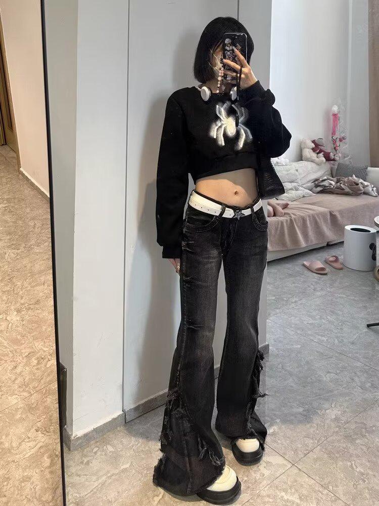 Women's Summer Ins Style Denim Bell Bottom Pants - Dark, Trendy High Street Niche Design