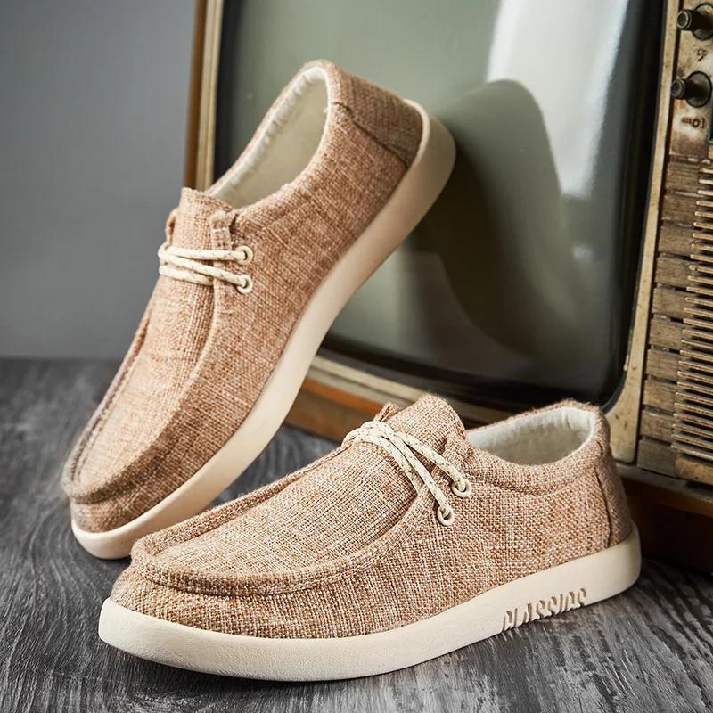 Men's Casual Canvas Shoes Men's Loafers  Breathable Soft Soled Driving Skateboard Shoes Summer Khaki Comfortable Commuting Shoes