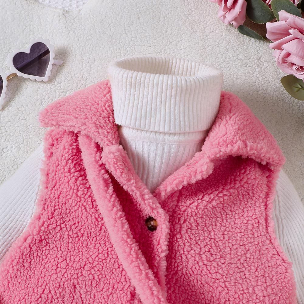 Odzież Dziecięca Dziecięca Dziewczęca Jesień i Zima Nowa Jednorzędowa Klapowana Pluszowa Kamizelka na Saszetkę