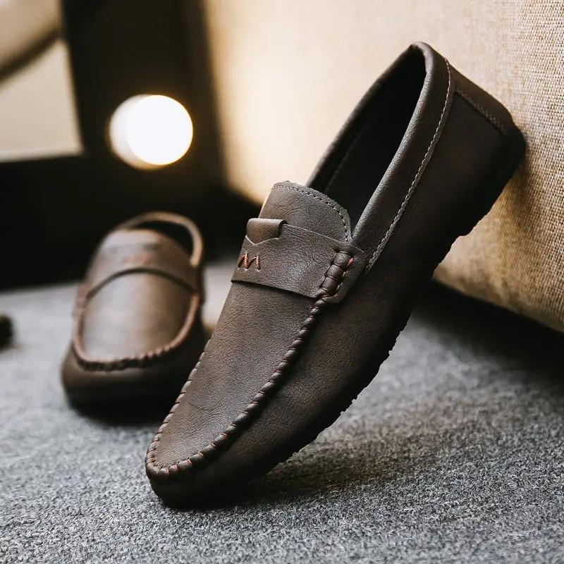 Fashion Round Toe Slip-on Flat Brown Men's Leather Shoes British Style Sale Pu High Quality Fashion Social Legitimate Male Casual Shoe