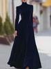 Vestido Largo de Terciopelo Dorado con Cuello Alto, Mangas Abullonadas y Cintura Ajustada para Mujer – Elegante Falda Amplia de Otoño/Invierno.