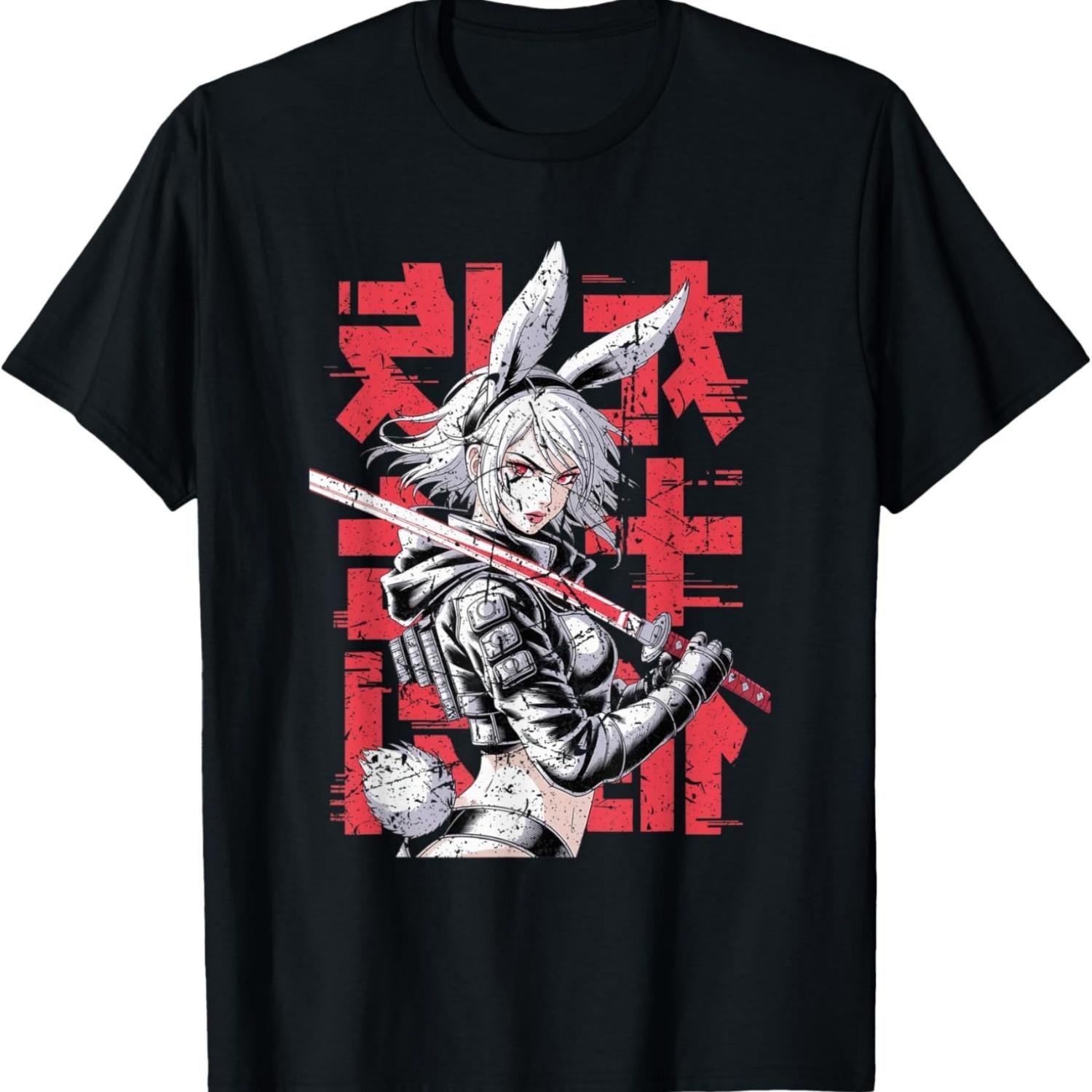 Retro Cyberpunk Girl Samurai Anime Warrior Katana T-Shirt S