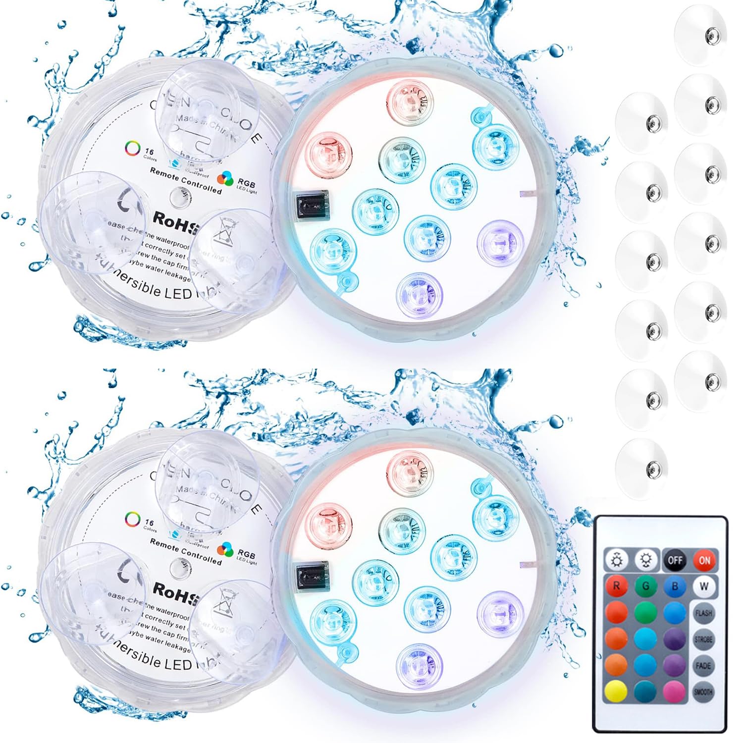 

COOLEAD Floating Water Light with Remote, IP68 Waterproof, Multicolor, 16 Color Switches, USB Rechargeable, Strong Suction Cup, Underwater Lighting