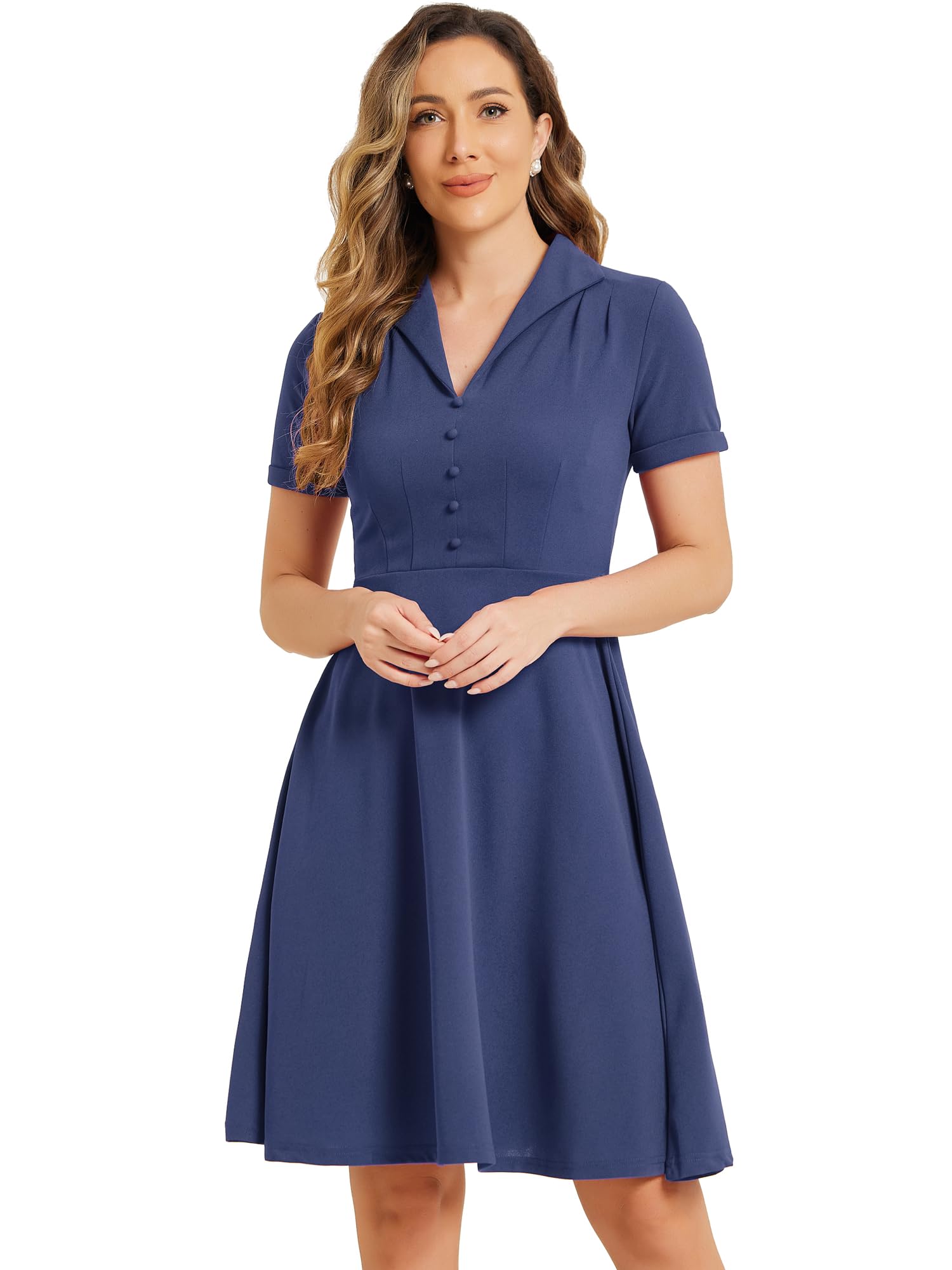 

Allegra K Casual Dress, Short Sleeve, Knee-Length, V-Neck, Button-Down, A-Line, Retro Style, Women s, Dark Blue-Gray, Size M