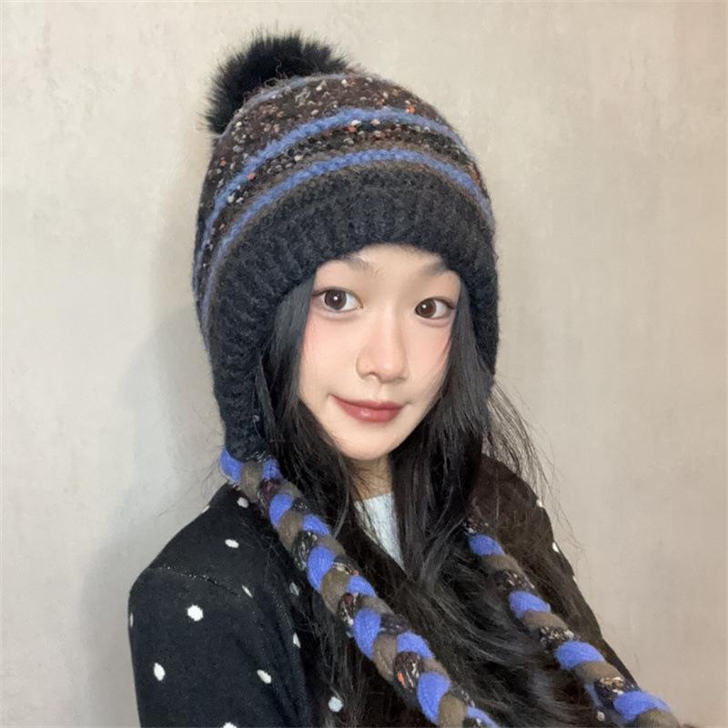 Color Matching Knitted Braided Ear Protection Warm Lei Feng Hat Women's Winter New Big Head Circumference Wool Hat Tide